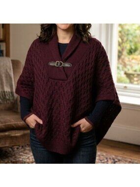Blarney Aran Irish Knit Poncho Womens One Size Burgundy Merino Wool Fisherman